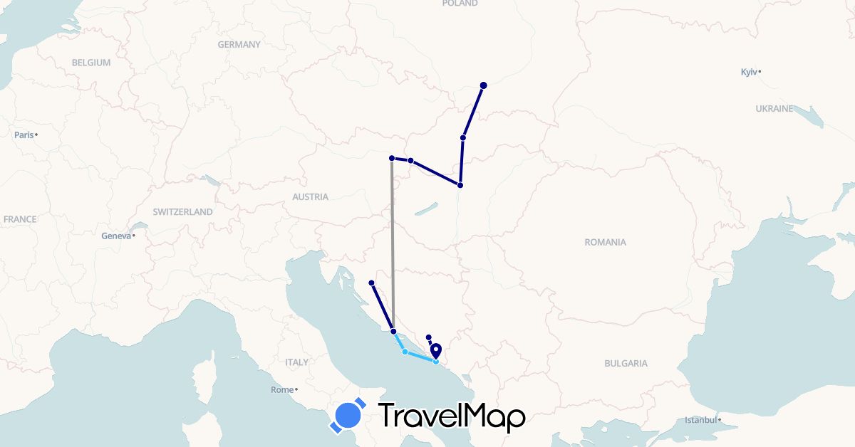 TravelMap itinerary: driving, plane, boat in Austria, Bosnia and Herzegovina, Croatia, Hungary, Poland, Slovakia (Europe)